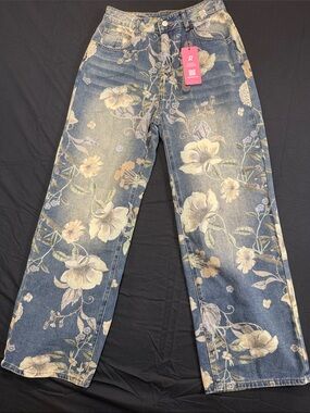 ROMWE Blue Floral Wide-Leg Jeans Size 6 Boho Bohemian Dressy Preppy Office